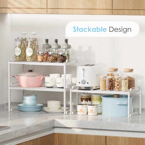 2 Pack 11” Width Expandable Kitchen Cabinet Organizer Shelves, Heavy Duty Kitchen Countertop Organizers and Storage Rack, Stackable Metal Small Storage Shelf For Pantry Counter Cupboard Organization - color: White