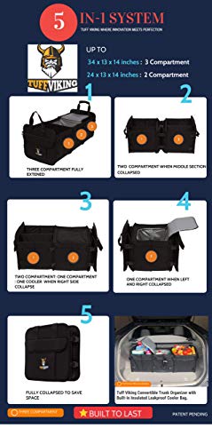 Tuff Viking Convertible Large 3 Compartment SUV Trunk Organizer with Cover | Truck Bed Organizer | for Trucks, Cars, SUVs and Groceries with Tie Down Straps. (5 in 1, Black) - color: Black, size: 5-in-1