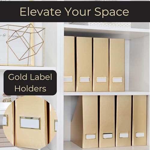 BLU MONACO | Gold Cardboard Magazine File Holder Set of 4 | Vertical Magazine File Holder for Shelves | Standing File Holder Desk Organizer - color: Gold