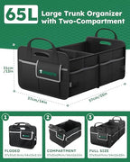 2-Compartment Trunk Organizer & Multi-Compartment Storage Box 600D Waterproof Oxford, with Reflective Strips and 8 Side Mesh Pockets for SUV, Sedan, Minivan- Heavy-Duty Car Organiser(65L) - size: 65l (Organizer Only)