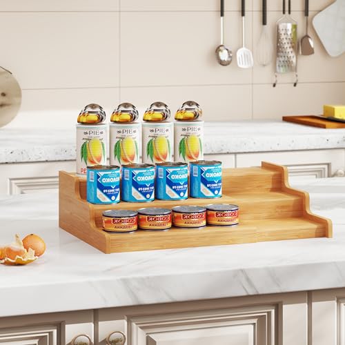 Expandable Bamboo Can Rack Organizer for Pantry, 3-Tier Adjustable Can Storage Holder, Soda Organizer Holds Up to 24 Cans, Canned goods Storage Display for Pantry, Cabinet, Countertop (patent pending) - color: Bamboo