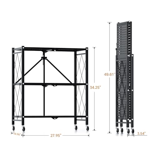 Simple Deluxe 3-Tier Folding Storage Shelves, 27.95" W x 14.96" D x 34.25" H Foldable Shelving Unit, 750 Lbs Loading Capacity, Black - color: Black, size: 3-Tier, 28"W x 15"D x 34"H