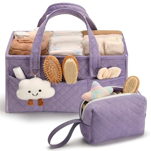 PeraBella Baby Diaper Caddy Organizer, Baby Basket Shower Gift, Portable Changing Table Basket, Postpartum Caddy & Tote Bag Pouch, Newborn Boy & Girl Nursery Essentials Registry, Car Diaper Organizer - color: Lavender