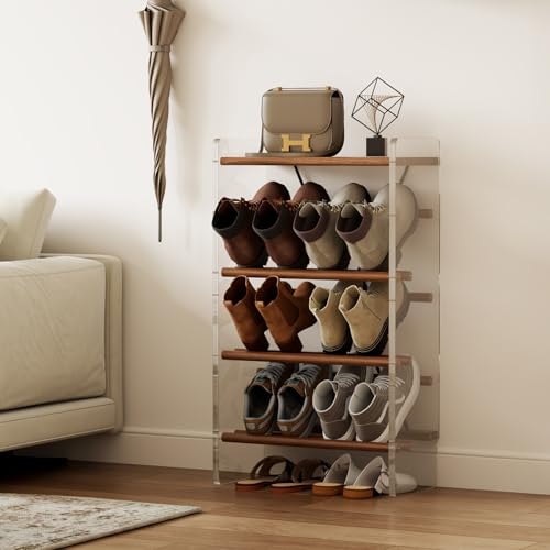 Shoe Rack, 4-Tier Slanted Shoe Storage Shelf, Narrow Shoe Rack for Entryway, Solid Wood and Acrylic Shoe Stand, Slim Shoe Shelf with Wooden Top ，Suitable for Bedrooms and Living Rooms - size: 48