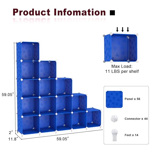 UNKU Cube Storage Organizer, 16 Cube Closet Organizer Storage Shelves, DIY Stackable Bookcase, Clothes Organizer Shelf for Closet, Bedroom, Living Room, Cabinet, Home, Office, Dark Blue - color: Blue, size: 15cube