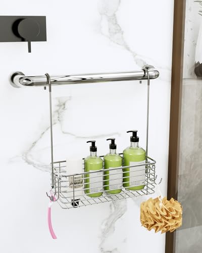 Over Door Shower Caddy, Stainless Steel Bathroom Organizer with Rotating Hooks, Hanging Storage Basket for Shampoo - size: single layer