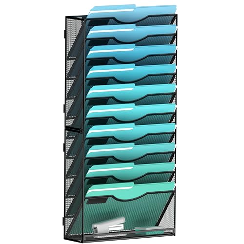 Gawerk 11-Tier Wall File Organizer Hanging Wall File Holder Wall Mount Paper Folder Organize, Mesh Magazine Document Mail Organizer Wall Organizer for Office School Home, Black - color: Black, size: 11-T