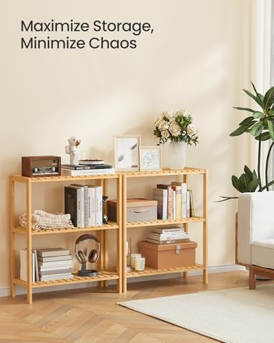 SONGMICS Bamboo Storage Shelf, 3-Tier Shelving Unit, Multifunctional, in The Entryway, Bathroom, Living Room, Balcony, Kitchen, 10.2 x 23.6 x 26 Inches, Light Bamboo UBCB33Y - color: Light Bamboo, size: 3 Tiers (10.2"D x 23.6"W x 26"H)