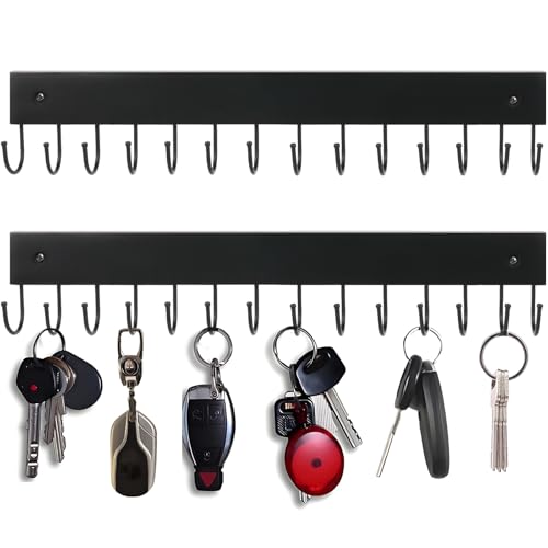 2Pack Key Holder Wall Mount with 28 Rotating 180° Key Hooks, 14.6" Rustproof Organizer Hanger for Apartment Decor, Wall Storage Rack for Entryway, Living Room, Hallway, Bathroom, Kitchen(Black) - color: Black