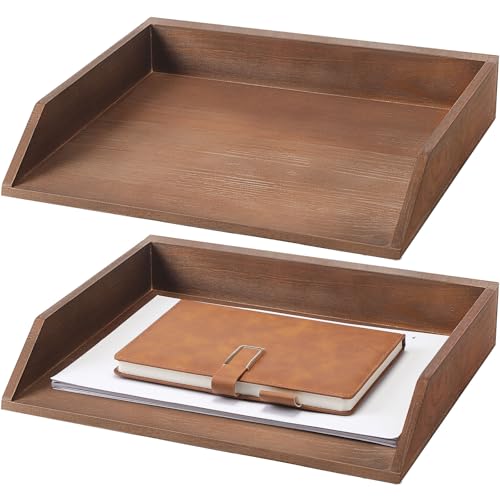 Beeveer 2 Pcs Wooden Letter Tray Wood Letter-Size Desk Organizer Heavy Duty 2 Tier Stackable Support Paper Tray Desktop Drawer File Folder Magazine Office Accessories Back to School(Dark Wood) - color: Dark Wood