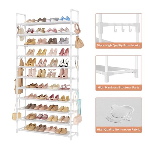 LANTEFUL 11 Tiers Tall Shoe Rack Holds 55 Pairs of Shoes with 18pcs Hooks Sturdy Wide Shoe Organizer Storage Free Standing Metal Shoe Shelf for Closet, Entryway White - color: White, size: 11 Tier-74.8" High-34" Wide