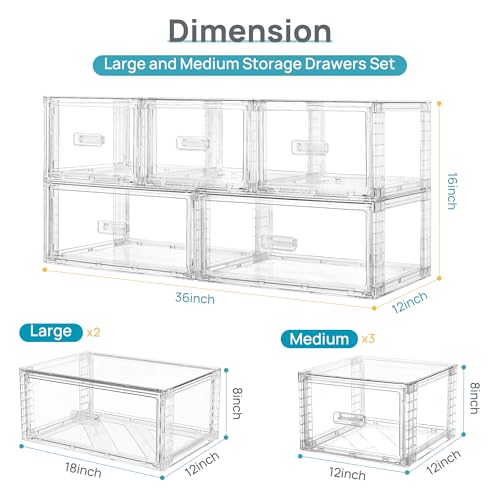 Vtopmart 5 Pack Large & Medium Stackable Drawer Organizer Set, 108QT Easy Assembly Clear Plastic Storage Cabinet, Durable Dresser for Closet, Bedroom, Entryway, Playroom & Apartment Organization - style: 2pk L & 3pk M