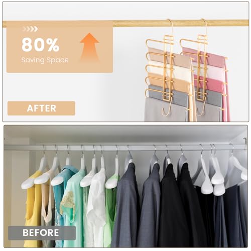 Pants Hangers Space Saving,Closet Hangers 5 Layers 2 Uses Multi Functional Pants Rack,Metal Heavy Duty Wardrobe Organizer Racks for Clothes Trousers Scarves Ties (2Pack Gold) - color: 2pack Gold