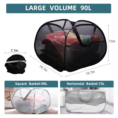 Collapsible Laundry Baskets, 90L Large Foldable Laundry Basket, Durable Mesh Pop Up Hampers for Laundry, Dirty Clothes Laundry Hamper for Bedroom, Bathroom, Dorm, Laundry Room, Travel, Camping Black - color: Black