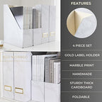 BLU MONACO Set of 4 Magazine Holders | White Marble Design with Gold Label Holders | Foldable File Organizer Boxes for Desk, Office & Classroom | Stylish Paper & Magazine Storage - color: White Gold Marble
