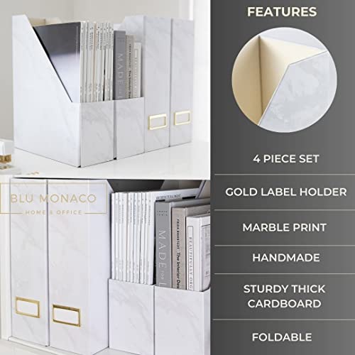 BLU MONACO Set of 4 Magazine Holders | White Marble Design with Gold Label Holders | Foldable File Organizer Boxes for Desk, Office & Classroom | Stylish Paper & Magazine Storage - color: White Gold Marble