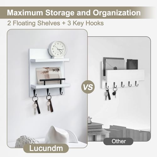 Key Holder Wall Mount, Mail Shelf Decor with 3 Key Hooks, Versatile Wood Wall Organizer for Entryway Hallway (8.2” x 10.6”x 3.6”) (White) - color: White