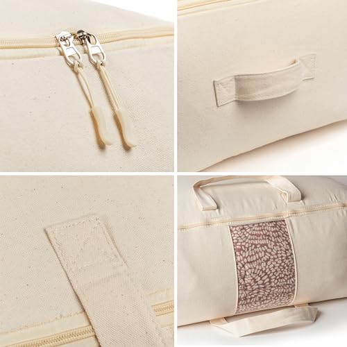Soft Canvas Storage Bags with Zipper. Thick Breathable, 1pc King/Queen Comforter Organizer. Four Carrying Handles and Window. Large 25x19x9in Bag for Sheets Blankets Bedding Pillows, Clothes - color: Beige, size: 1 Pack