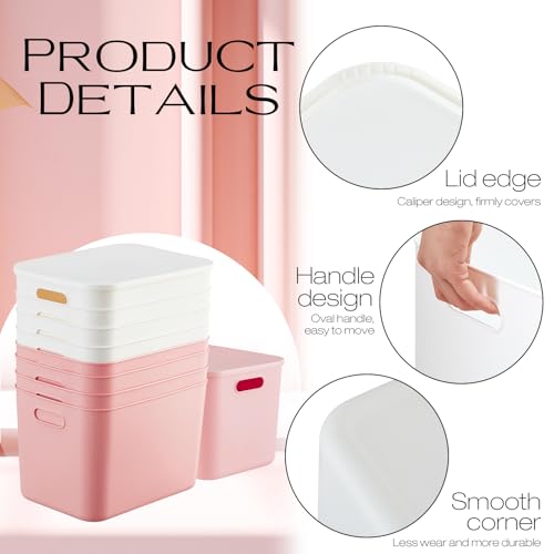 Hoolerry 8 Pieces Colorful Storage Bins with Lid, Plastic Storage Basket Organizing Container Stackable Box with Handle for Shelves Desktop Playroom Office(14.2 x 10.2 x 9.5 Inch,White and Pink) - color: White and Pink, size: 14.2 x 10.2 x 9.5 Inch