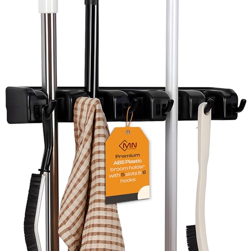Heavy Duty ABS Plastic Broom Holder with 5 Slots and 6 Hooks | Wall Mount Mop and Broom Hanger | Waterproof Broom Organizer with Screws| Wall Mount Tool Organizer for Garage Storage - size: 5 Slots & 6 Hooks