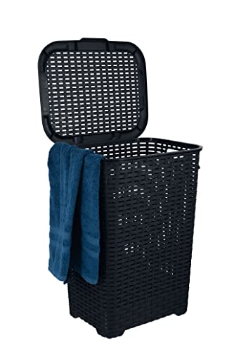 Plastic Laundry Hamper with Lid Laundry Hamper Basket, Black Tall Cloths Hamper Organizer with Cut-out Handles. Space Saving for Laundry Room Bedroom Bathroom, Wicker Design 60 Liter - color: Black, size: 1-pack
