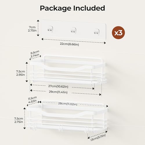 Orimade Shower Caddy Basket Shelf Storage Rack, No Drilling Wall Mounted Adhesive Rust Resistant Stainless Steel Shower Organizer with 5 Hooks for Bathroom, White 2 Pack - color: White, size: 4.56"D x 11.02"W x 3.11"H