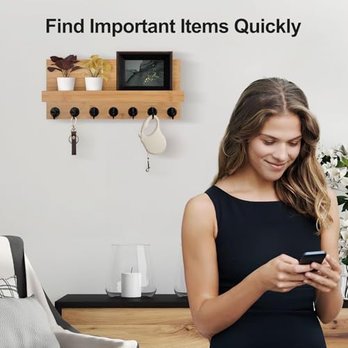 Lwenki Key Holder Wall Mount, Entryway Key and Mail Holder with 7 Sturdy Hooks for Sunglasses, Dog Leash, Decorative Wall Shelf with Mounting Hardware, 15”W x 6.7”H x 4.2”D - color: Bamboo