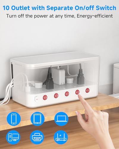 Surge Protector Power Strip with Cable Management Box,Cord Organizer Box with 10 Outlets and 3 USB Ports,Individual Switches,6 ft Flat Plug Extension Cord,Under-Desk and Desk Wire Storage Hider,White