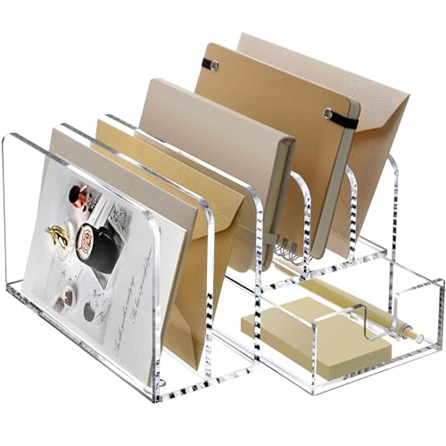 SANRUI Desk Organizers and Accessories, Acrylic Mail Organizer Countertop, 5-Slots File Sorter with Drawer, Desktop Organizer for Office Supplies - style: 5 Sections With Drawer