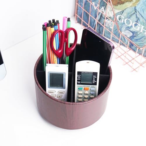 Round Leather Art Supply Organizer,Remote Control Holder,360 Degree Spinning,Multi-Functional Pencil Holder,4 Compartments Desktop Stationary Organizer(1-Thin Wood Dark Brown) - color: 1-Thin Wood Dark Brown