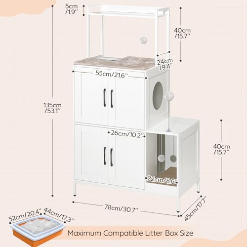 HOOBRO Litter Box Enclosure, Litter Box Furniture with Storage, 2-in-1 Hidden Cat Furniture with Shelf, 2 Dangling Plush Balls and 1 Toy Ball, Large Wooden Cat Washroom, White WT78MW01 - color: White