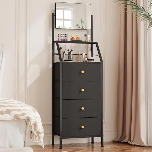 HIGDBFE 4-Drawer Dresser with Mirror, Vanity with 2-Tier Shelves, Fabric Chest of Drawers for Small Space, Vertical Storage Cabinet for Bedroom, Nightstand Bedside Table Furniture, Black, 15.3" W - color: Black