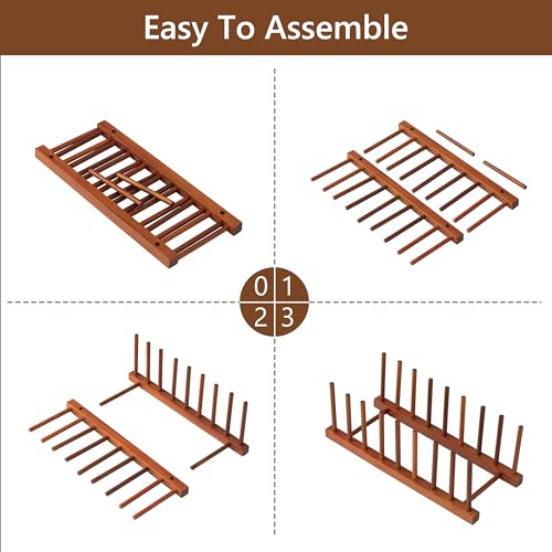 HBlife Teak Dish Plate Bowl Cup Book Pot Lid Cutting Board Drying Rack Stand Drainer Storage Holder Organizer Kitchen Cabinet（Keep Dry） - color: Teak 8 Slots 1pcs