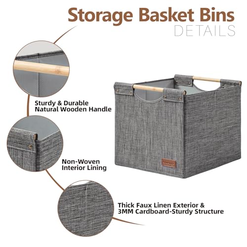 KAKAMAY Collapsible Cube Storage Bins 13x15x13 Inches Dark Grey 2-Pack, Foldable Fabric Organizer Baskets with Wooden Handles for Kallax Shelves, Living Room, Bedroom, Nursery, Closet, Toys, Clothes - color: Dark grey