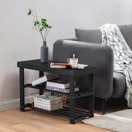 Apicizon Bamboo Shoe Rack for Entryway, 3-Tier Shoe Rack Bench for Front Door Entrance, Small Shoe Organizer with Storage, Black - color: Black, size: 27.6 Inches No Cushion