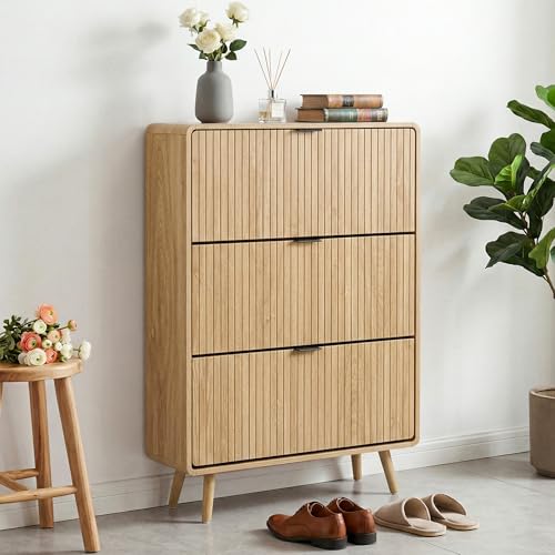 FurSch Fluted Shoe Storage Cabinet with 3 Flip Drawers, Narrow Shoe Rack Cabinet Organizer with Adjustable & Removable Shelves for Entryway (All Natural, 3 Drawers) - color: All Natural, size: 3 Drawers