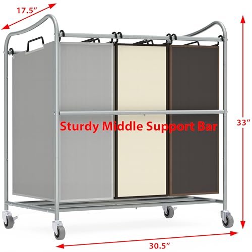 Simple Houseware Heavy Duty 3-Bag Laundry Sorter Rolling Cart, Silver/Assorted – Durable Triple Laundry Hamper with Removable Bags and Lockable Wheels for Laundry Room Organization - color: Silver/Assorted