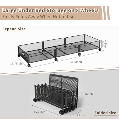 47.2'' Long Under Bed Storage on Wheels, 57.6L Large Capacity Rolling Under the Bed Storage Containers, Tool-Free Assembly Foldable Underbed Shoes Clothes Toy Drawers - size: 1 Pack (47.2×15.7")