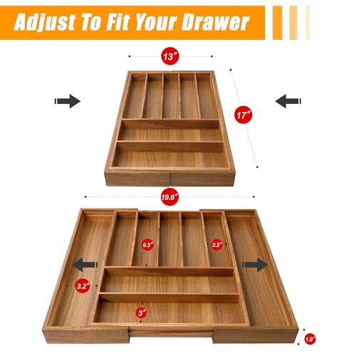 Bellsal Large Premium Acacia Wood Silverware Organizer - Expandable Utensil Drawer Organizer - 17"x19.6" Utensil Holder and Cutlery Tray with Grooved for Kitchen Flatware Utensils(7-9 Slot, Acacia) - color: Acacia, size: 9 Slots Expandable