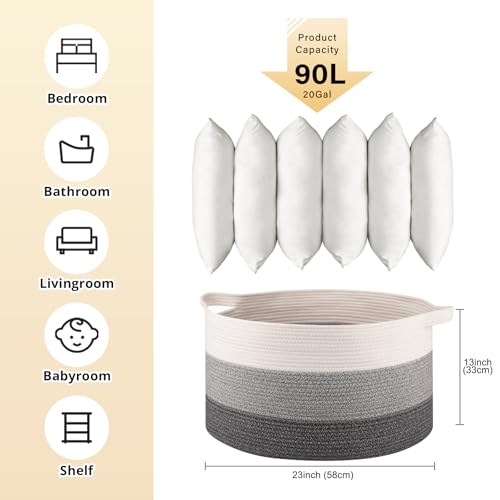 OIAHOMY 90L Blanket Basket for Living Room, Large Basket 23" x 23" x 13" with Handle, Laundry Hamper for Blankets, Pillows, Toy Storage for Kids, Dogs - Gradient Grey - color: Gradient Grey, size: 23" x 23" x 13"