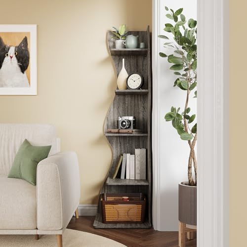 LITTLE TREE 70-Inch Corner Shelf, Seaweed Shaped Etagere Display Bookshelf, Freestanding 5-Tier Wall Shelves for Small Spaces, Living Room, Bedroom, Grey, 2 Pack - color: Grey, size: 2 Pack