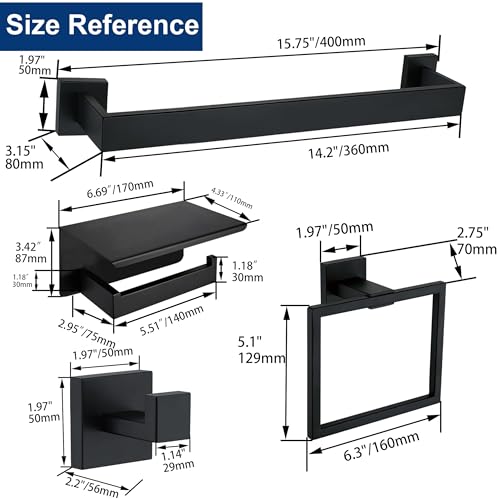 5 Pieces Bathroom Hardware Accessories Set Matte Black, 16Inch Square Towel Racks Set for Bathroom, SUS304 Stainless Steel Towel Bar Set, Toilet Paper Holder with Shelf Wall Mounted - color: Black, size: 16" 5pcs