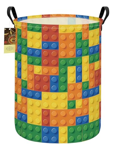 Collapsible Fabric Storage Basket, Waterproof Laundry Hamper with Handles, Round Storage Bin for Clothes Toys, Foldable Organizer for Bedroom Nursery Bathroom(Round-Colorful Blocks) - color: Round-Colorful Blocks