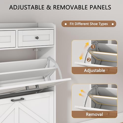 Shoe Cabinet with 2 Flip Drawers & 2 Top Drawers, 43" Tall Freestanding Narrow Wooden Shoe Storage Organizer for Entryway, Hidden Slim Shoe Rack for Front Door Entrance, Hallway, Living Room, White - color: White, size: 2 Flip Drawers