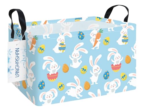 LANGYASHAN Rectangular Storage Bin Collapse Canvas Fabric Cartoon Storage Basket with Handles for Organizing Home Kitchen Boys and Girls Toys Office Closet Shelf Baskets (Rec Blue Rabbit Easter Egg) - color: Rec Blue Rabbit Easter Egg