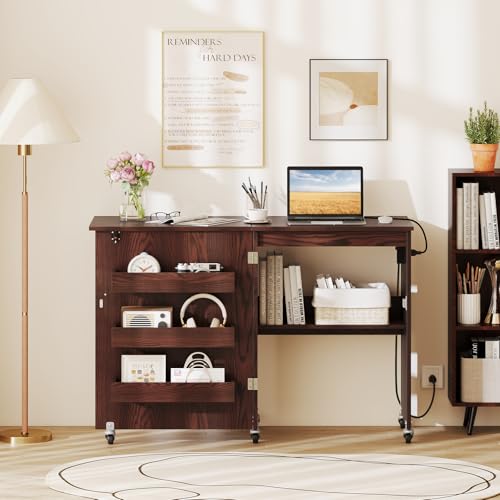 Giantex Folding Sewing Table with Storage, 3 Side Trays & Open Shelf, Built-in Charging Station, Mobile Craft Desk with Lockable Wheels, Space-Saving Sewing Machine Table for Home, Dorms, Espresso - color: Espresso