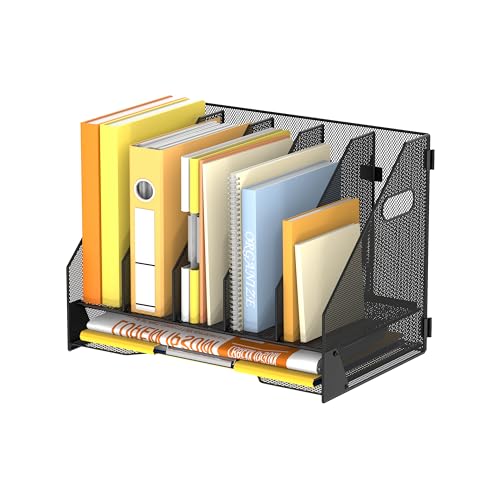 DALTACK Magazine File Holder, 5 Vertical Compartments Rack Binder Holder with Paper Tray, Metal Magazine Organizer for Office, Home, School (Black) - size: 5Rack