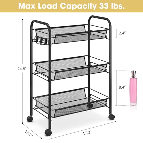 TOOLF 3-Tier Metal Rolling Cart, Mesh Wire Easy Assemble Utility Cart, Storage Trolley on Wheels with 3 Hooks, MetalStorage Shelving Units for Kitchen Bathroom Laundry Room - color: Black, size: 3-Tier