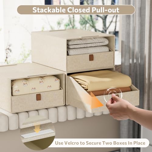 4-Pack Storage Bins with Drawers Large Closet Organizers and Storage Stackable Fabric Clothes Storage Box Collapsible Closet Drawers Organizer for Bedroom Living Room Under Bed (Beige, 21L*4) - color: Beige