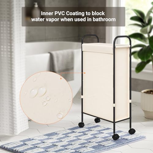 ELYKEN Slim Laundry Hamper with Lid, 50L Small Rolling Laundry Basket on Wheels, 7.9” Narrow Dirty Cloth Cart with Removable Inner Bag for Small Bathroom, Bedroom, Creamy - style: Creamy-50L